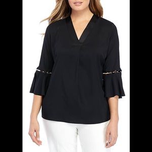 NWOT Black Silky V-neck Shirt with Pearls